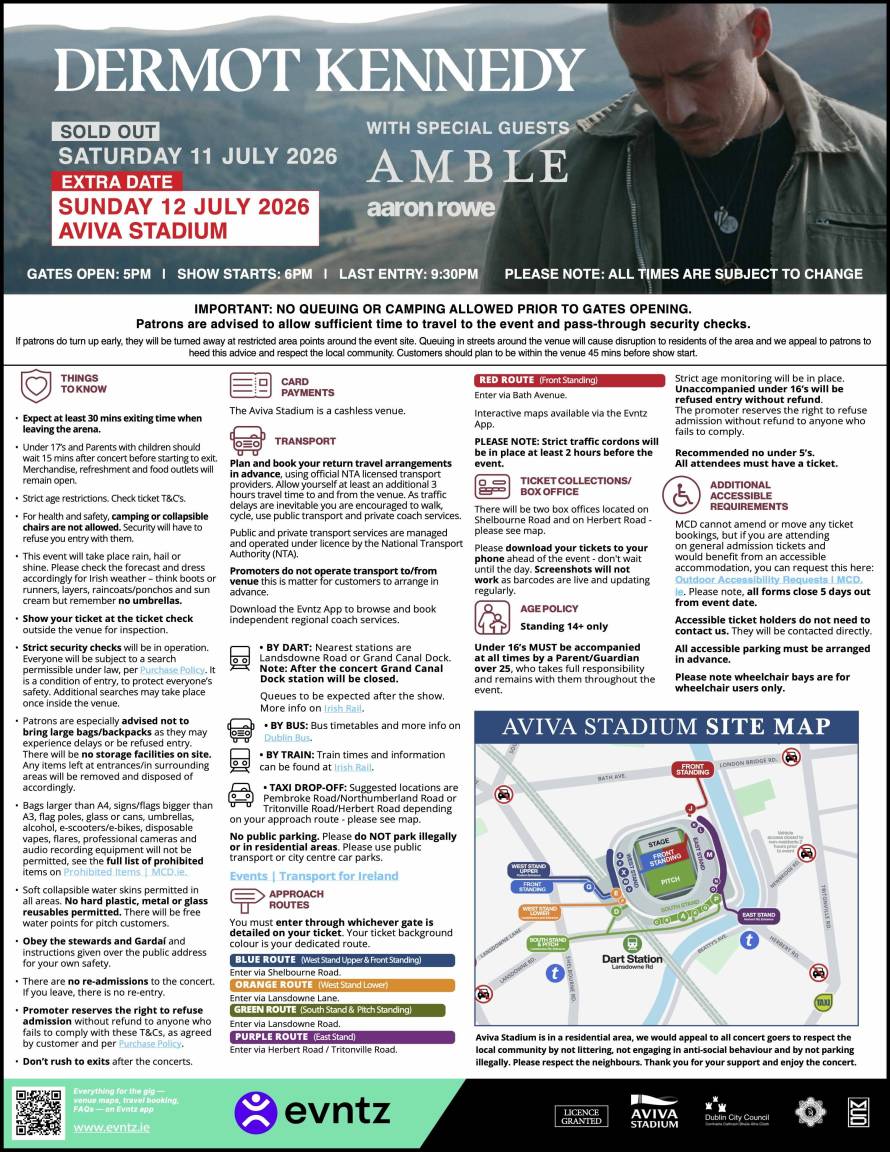 Dermot Kennedy: Aviva Stadium Public Information Notice