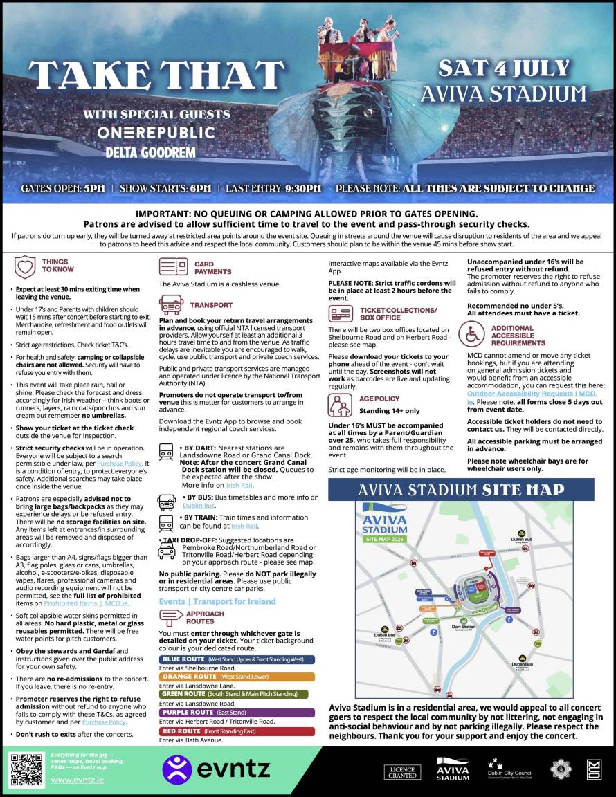 Take That: Aviva Stadium Public Information Notice