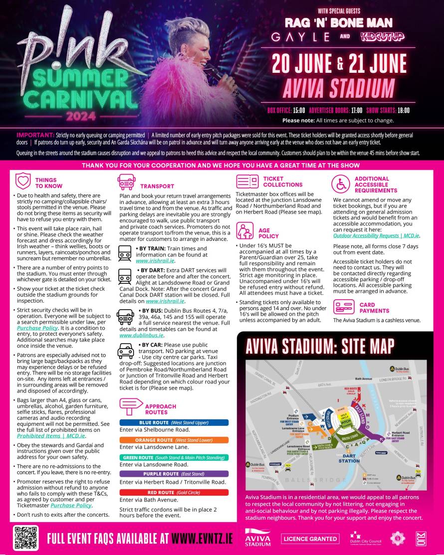 P!NK - Aviva Stadium 2024: Public Information Notice